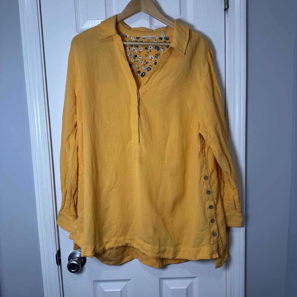 Soft Surroundings‎ Tunic 1x XL Yellow Relaxed Roll Tab Sleeves Gauze